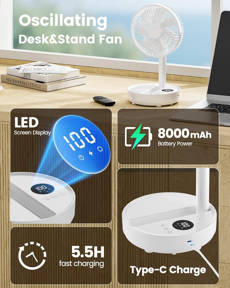 Edvision 8" Portable Oscillating Standing Fan, 8000mAh Rechargeable Pedestal Fan with Remote, Foldable Quiet Travel Fan, 8H Timer, Height Adjustable, Floor & Desk fan for Bedroom, Camping, Office - Image 4